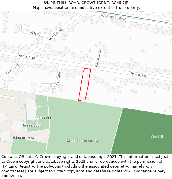 64, PINEHILL ROAD, CROWTHORNE, RG45 7JR: Location map and indicative extent of plot