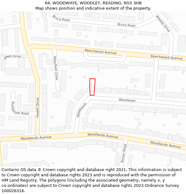 64, WOODWAYE, WOODLEY, READING, RG5 3HB: Location map and indicative extent of plot