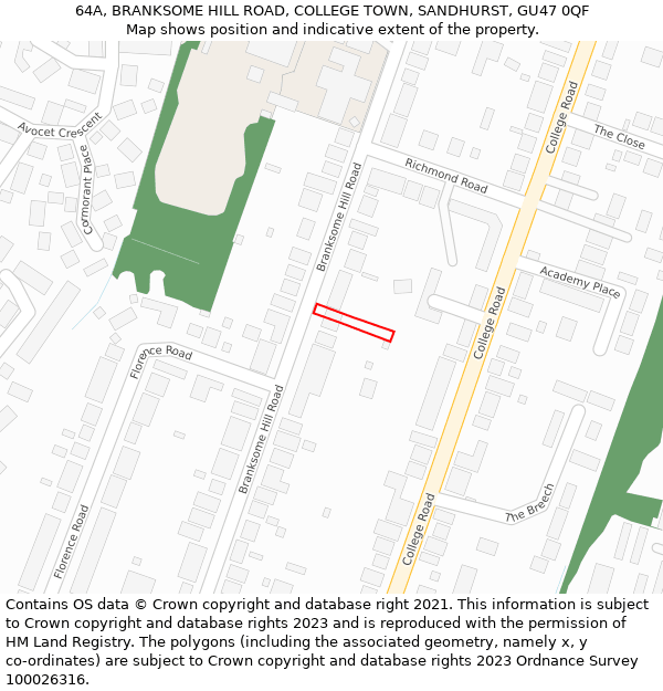 64A, BRANKSOME HILL ROAD, COLLEGE TOWN, SANDHURST, GU47 0QF: Location map and indicative extent of plot