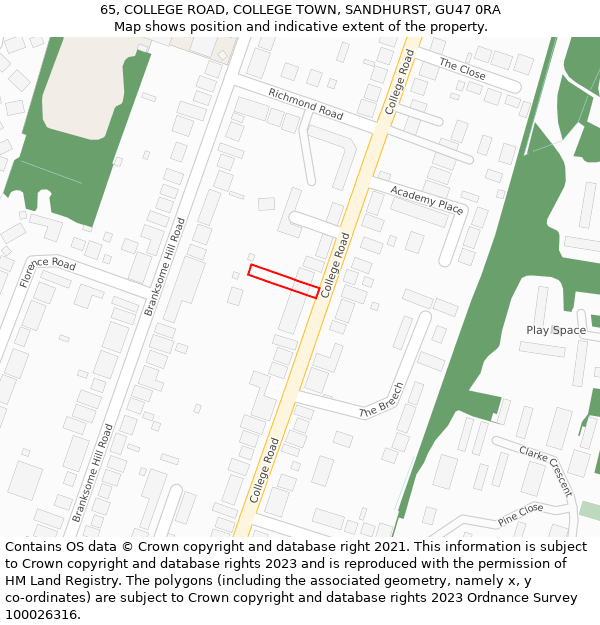 65, COLLEGE ROAD, COLLEGE TOWN, SANDHURST, GU47 0RA: Location map and indicative extent of plot