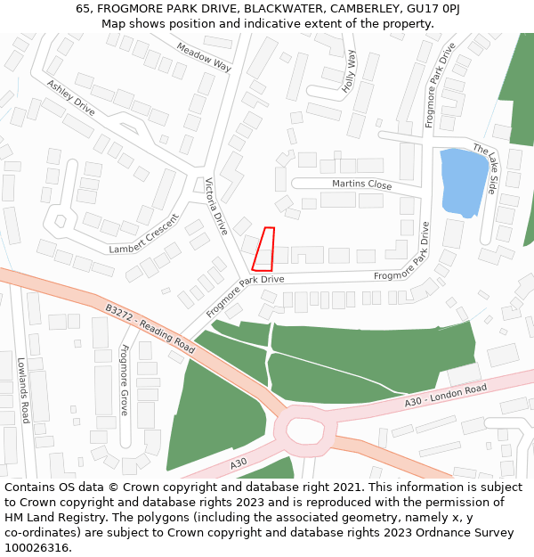 65, FROGMORE PARK DRIVE, BLACKWATER, CAMBERLEY, GU17 0PJ: Location map and indicative extent of plot