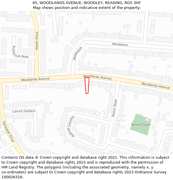 65, WOODLANDS AVENUE, WOODLEY, READING, RG5 3HF: Location map and indicative extent of plot