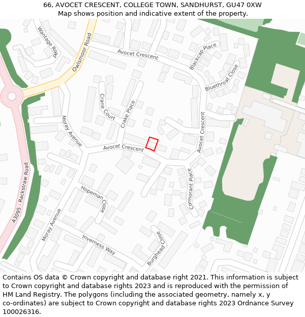66, AVOCET CRESCENT, COLLEGE TOWN, SANDHURST, GU47 0XW: Location map and indicative extent of plot