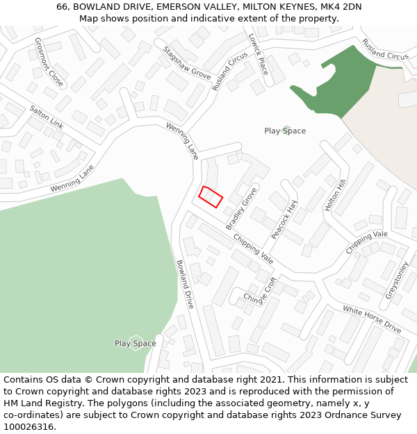 66, BOWLAND DRIVE, EMERSON VALLEY, MILTON KEYNES, MK4 2DN: Location map and indicative extent of plot