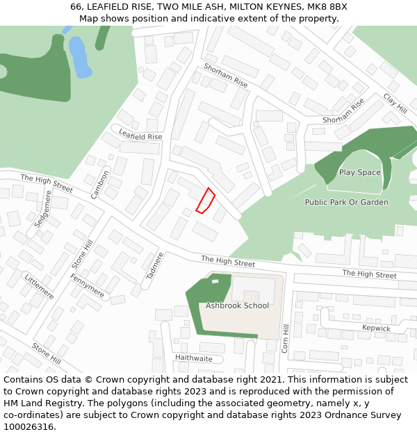 66, LEAFIELD RISE, TWO MILE ASH, MILTON KEYNES, MK8 8BX: Location map and indicative extent of plot