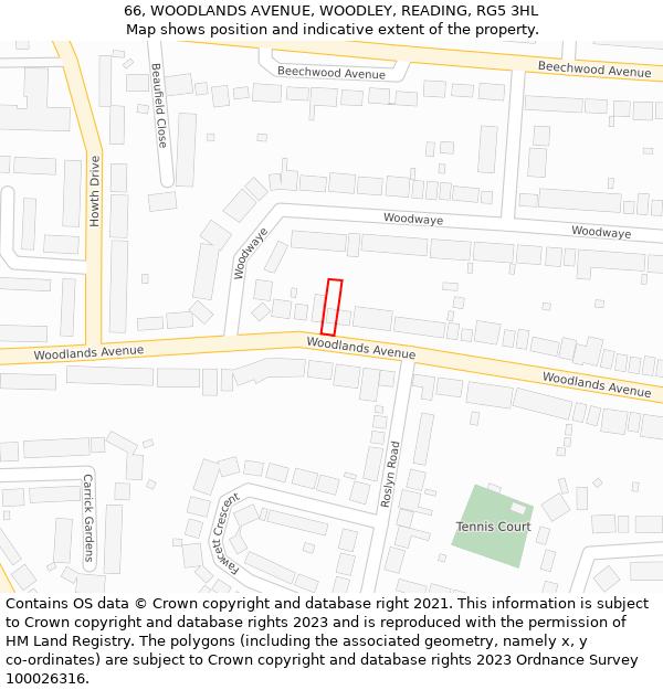 66, WOODLANDS AVENUE, WOODLEY, READING, RG5 3HL: Location map and indicative extent of plot