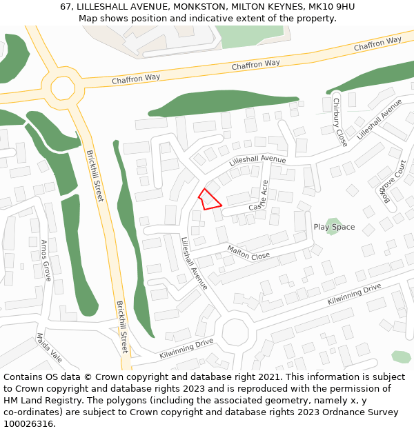 67, LILLESHALL AVENUE, MONKSTON, MILTON KEYNES, MK10 9HU: Location map and indicative extent of plot