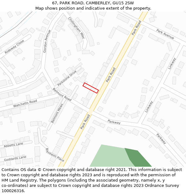 67, PARK ROAD, CAMBERLEY, GU15 2SW: Location map and indicative extent of plot