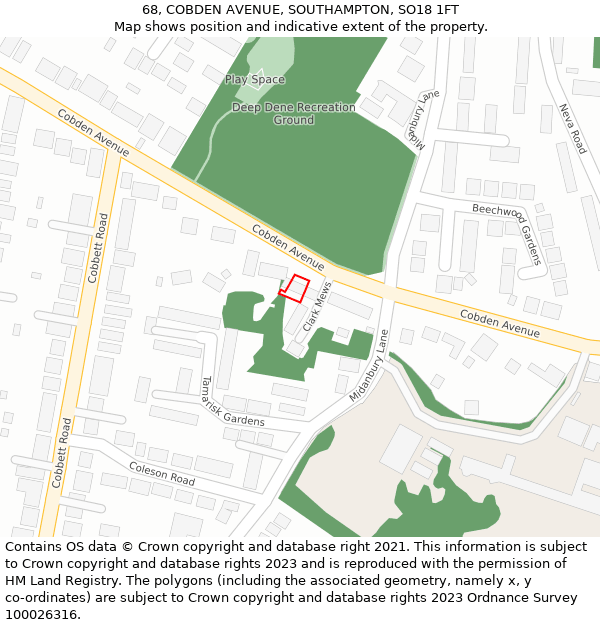 68, COBDEN AVENUE, SOUTHAMPTON, SO18 1FT: Location map and indicative extent of plot