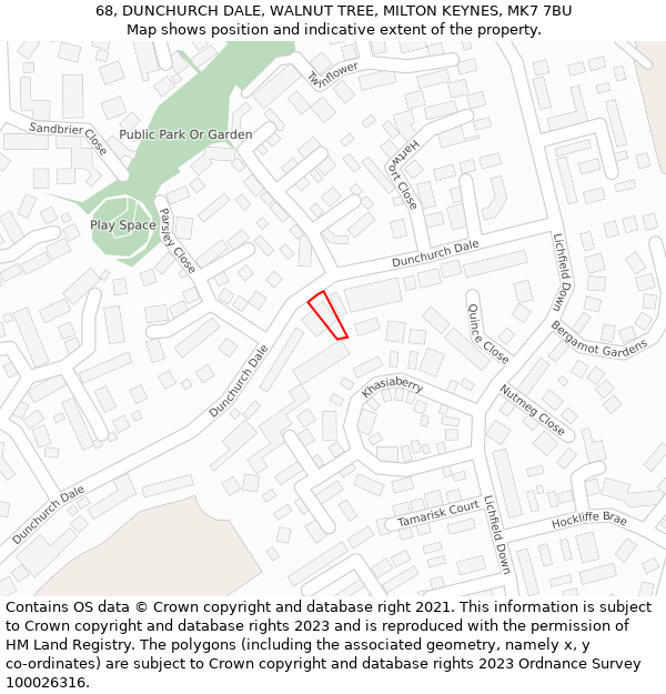 68, DUNCHURCH DALE, WALNUT TREE, MILTON KEYNES, MK7 7BU: Location map and indicative extent of plot