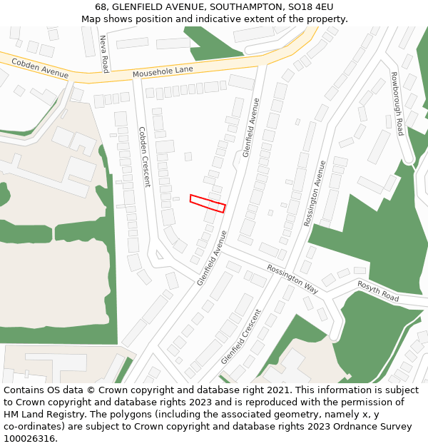 68, GLENFIELD AVENUE, SOUTHAMPTON, SO18 4EU: Location map and indicative extent of plot