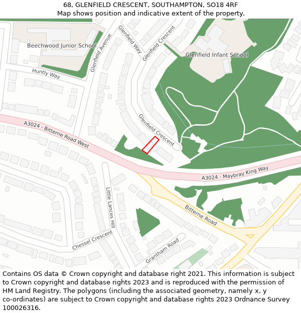 68, GLENFIELD CRESCENT, SOUTHAMPTON, SO18 4RF: Location map and indicative extent of plot