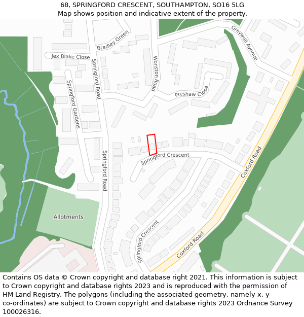 68, SPRINGFORD CRESCENT, SOUTHAMPTON, SO16 5LG: Location map and indicative extent of plot