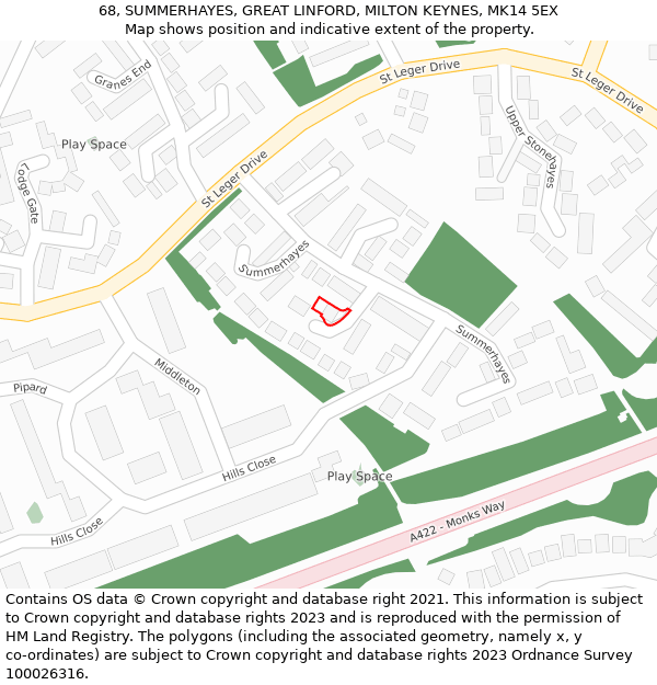 68, SUMMERHAYES, GREAT LINFORD, MILTON KEYNES, MK14 5EX: Location map and indicative extent of plot