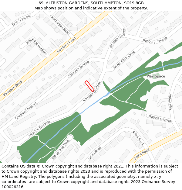 69, ALFRISTON GARDENS, SOUTHAMPTON, SO19 8GB: Location map and indicative extent of plot