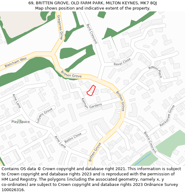 69, BRITTEN GROVE, OLD FARM PARK, MILTON KEYNES, MK7 8QJ: Location map and indicative extent of plot