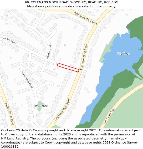 69, COLEMANS MOOR ROAD, WOODLEY, READING, RG5 4DG: Location map and indicative extent of plot