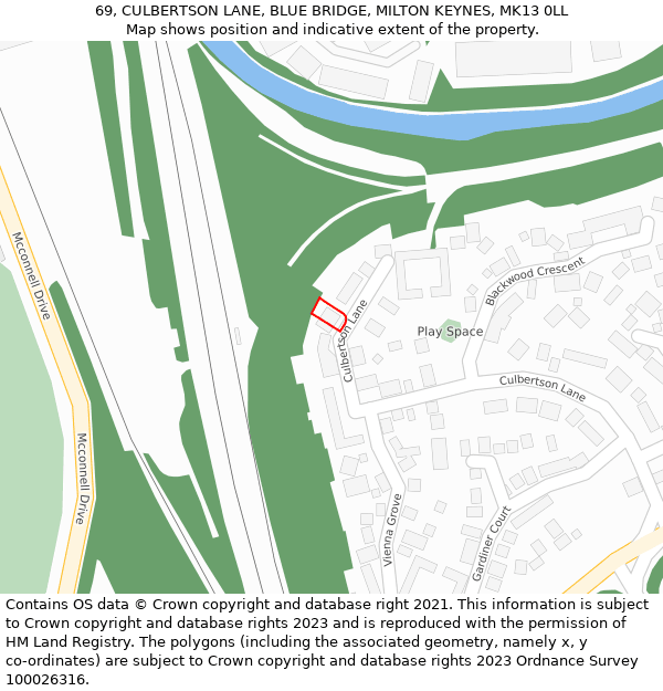 69, CULBERTSON LANE, BLUE BRIDGE, MILTON KEYNES, MK13 0LL: Location map and indicative extent of plot