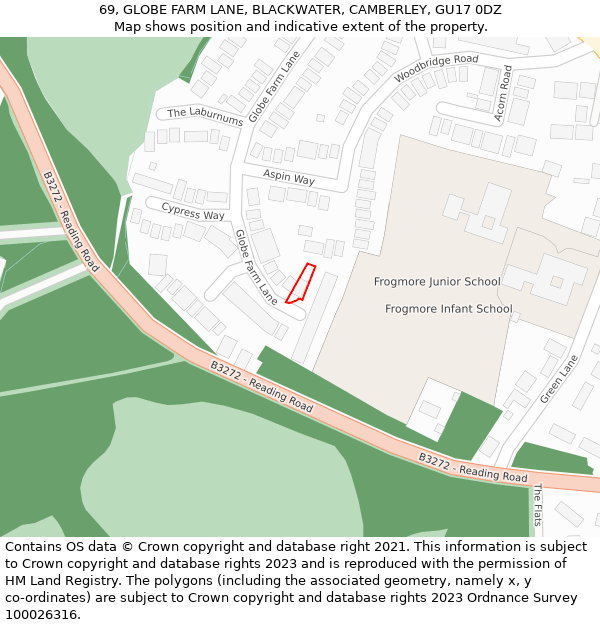 69, GLOBE FARM LANE, BLACKWATER, CAMBERLEY, GU17 0DZ: Location map and indicative extent of plot