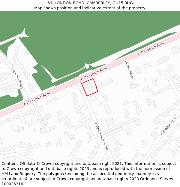 69, LONDON ROAD, CAMBERLEY, GU15 3UG: Location map and indicative extent of plot