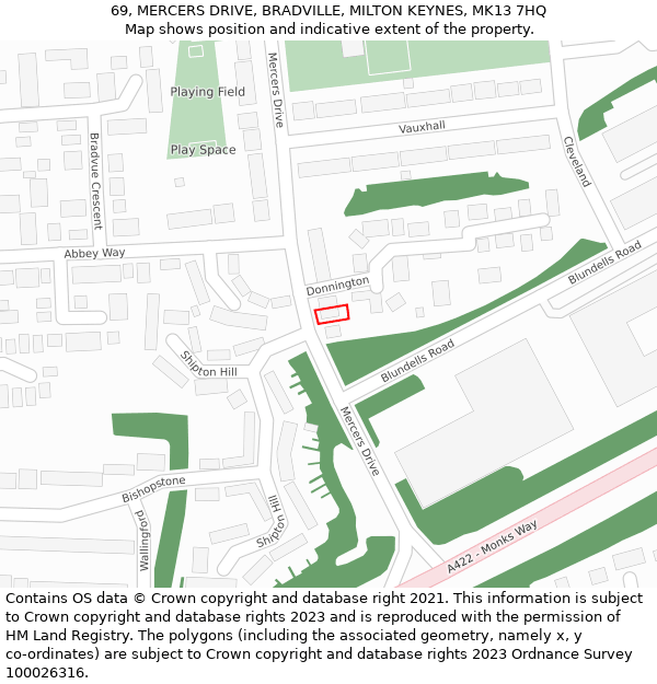 69, MERCERS DRIVE, BRADVILLE, MILTON KEYNES, MK13 7HQ: Location map and indicative extent of plot