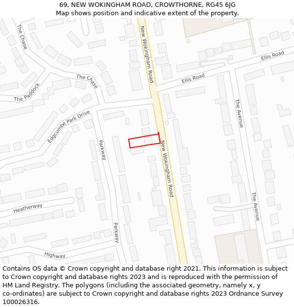 69, NEW WOKINGHAM ROAD, CROWTHORNE, RG45 6JG: Location map and indicative extent of plot