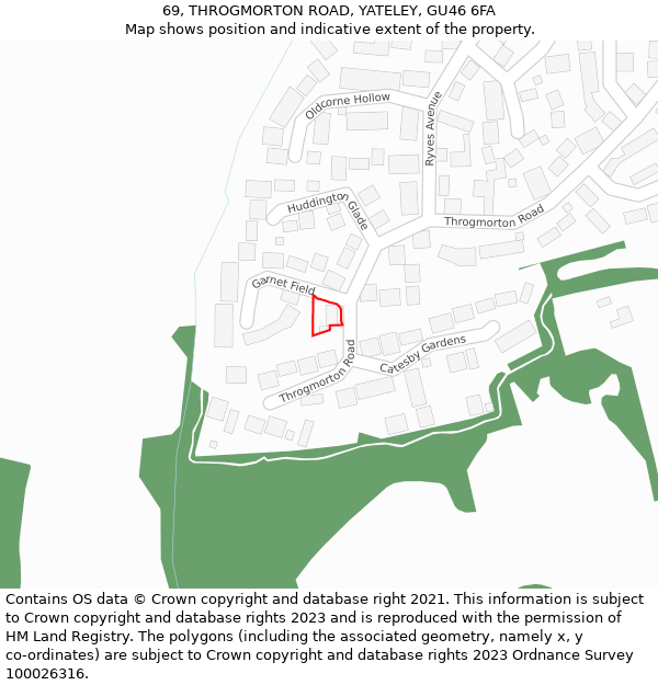69, THROGMORTON ROAD, YATELEY, GU46 6FA: Location map and indicative extent of plot