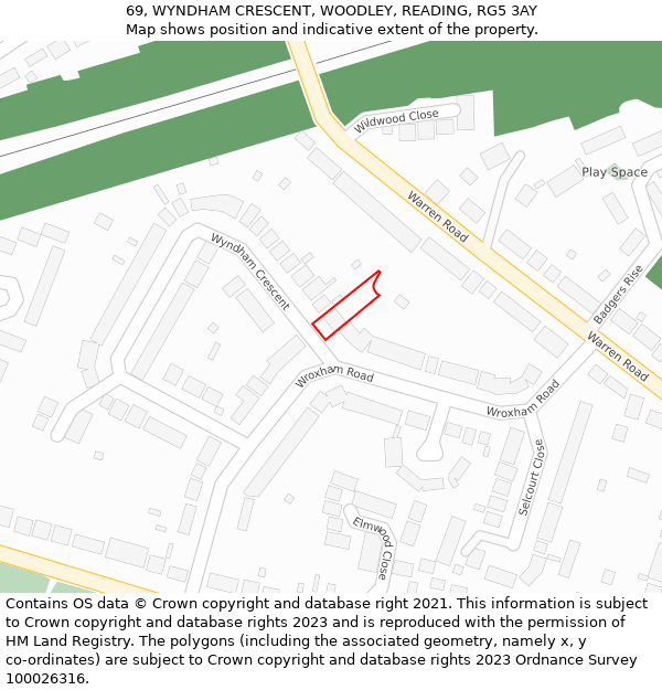 69, WYNDHAM CRESCENT, WOODLEY, READING, RG5 3AY: Location map and indicative extent of plot