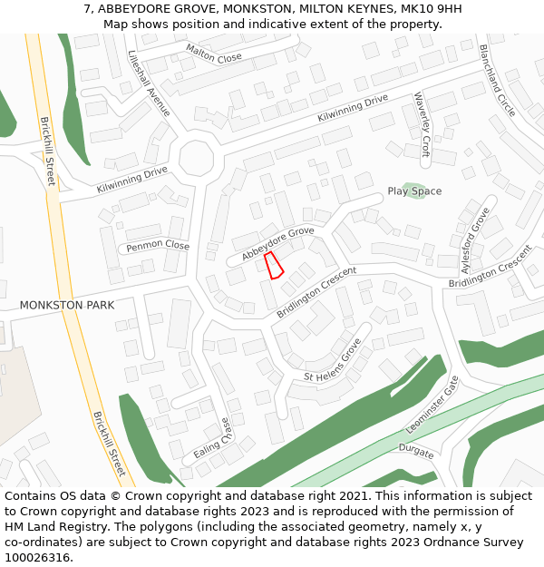 7, ABBEYDORE GROVE, MONKSTON, MILTON KEYNES, MK10 9HH: Location map and indicative extent of plot