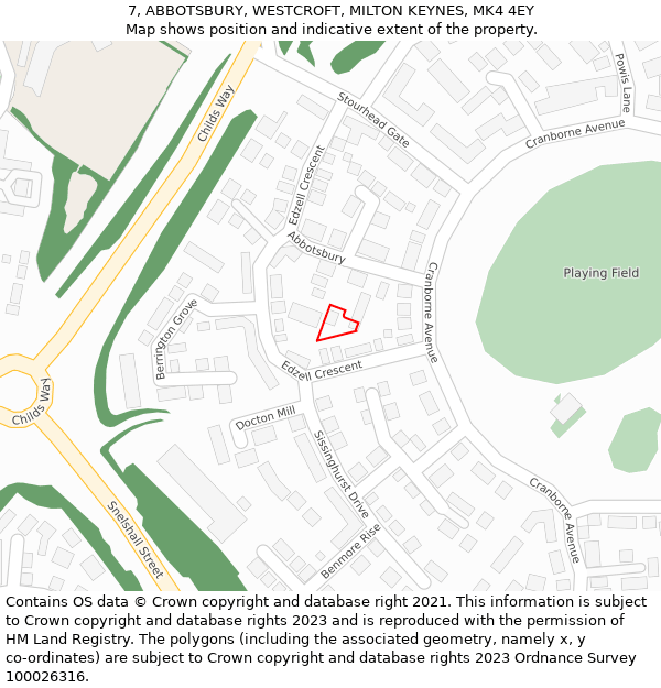 7, ABBOTSBURY, WESTCROFT, MILTON KEYNES, MK4 4EY: Location map and indicative extent of plot