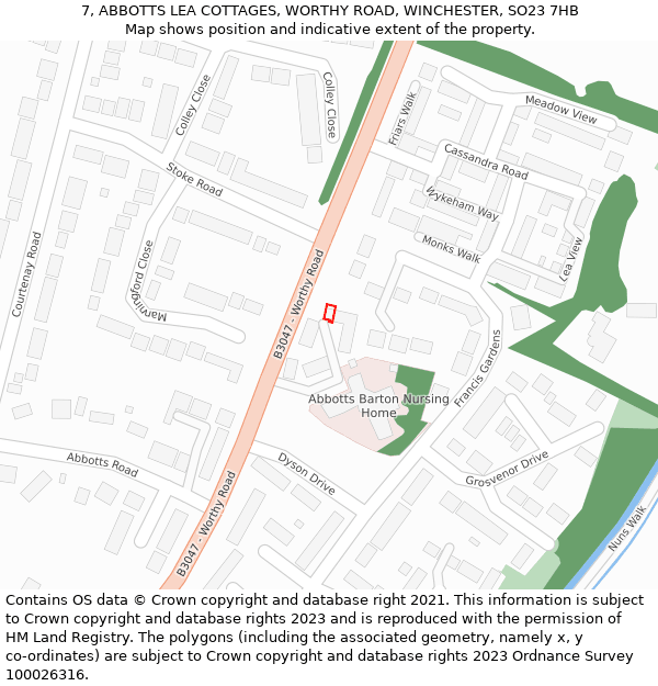 7, ABBOTTS LEA COTTAGES, WORTHY ROAD, WINCHESTER, SO23 7HB: Location map and indicative extent of plot