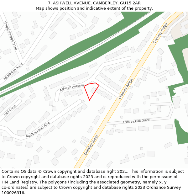 7, ASHWELL AVENUE, CAMBERLEY, GU15 2AR: Location map and indicative extent of plot