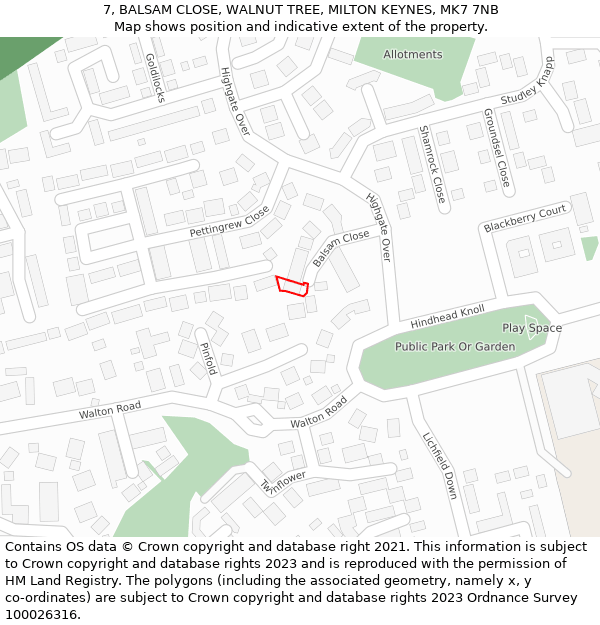 7, BALSAM CLOSE, WALNUT TREE, MILTON KEYNES, MK7 7NB: Location map and indicative extent of plot