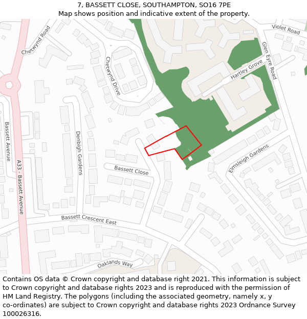 7, BASSETT CLOSE, SOUTHAMPTON, SO16 7PE: Location map and indicative extent of plot
