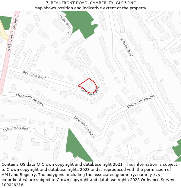 7, BEAUFRONT ROAD, CAMBERLEY, GU15 1NE: Location map and indicative extent of plot