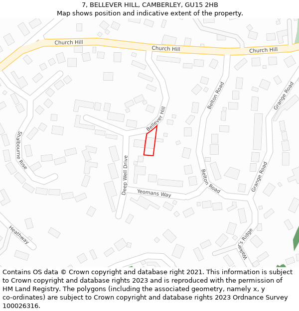 7, BELLEVER HILL, CAMBERLEY, GU15 2HB: Location map and indicative extent of plot