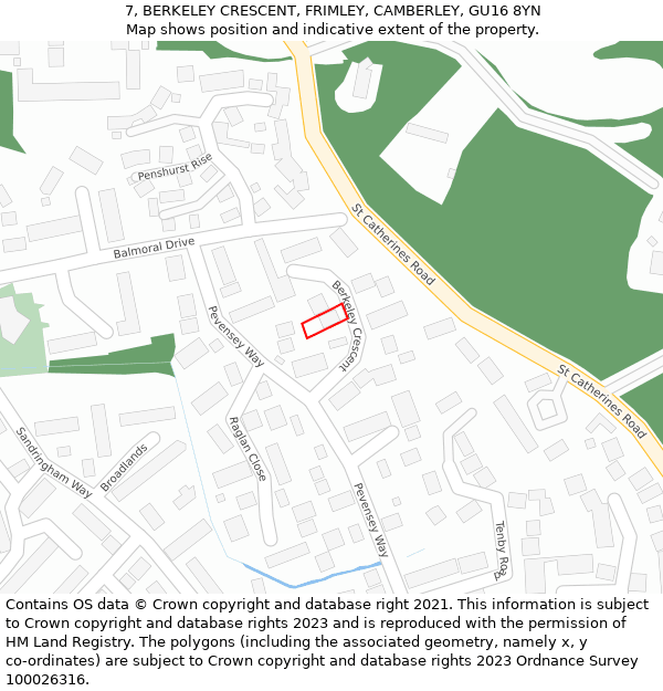7, BERKELEY CRESCENT, FRIMLEY, CAMBERLEY, GU16 8YN: Location map and indicative extent of plot