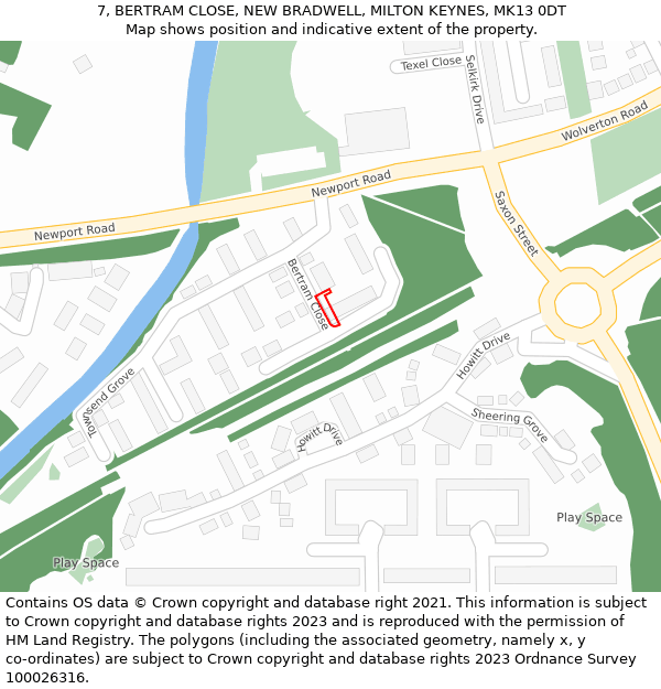 7, BERTRAM CLOSE, NEW BRADWELL, MILTON KEYNES, MK13 0DT: Location map and indicative extent of plot