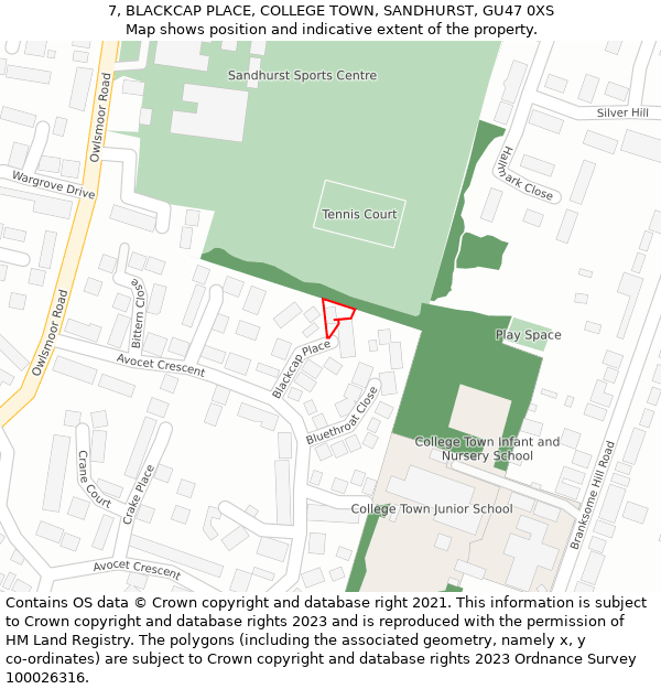 7, BLACKCAP PLACE, COLLEGE TOWN, SANDHURST, GU47 0XS: Location map and indicative extent of plot