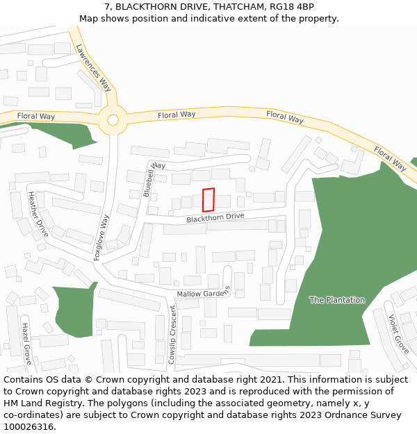 7, BLACKTHORN DRIVE, THATCHAM, RG18 4BP: Location map and indicative extent of plot