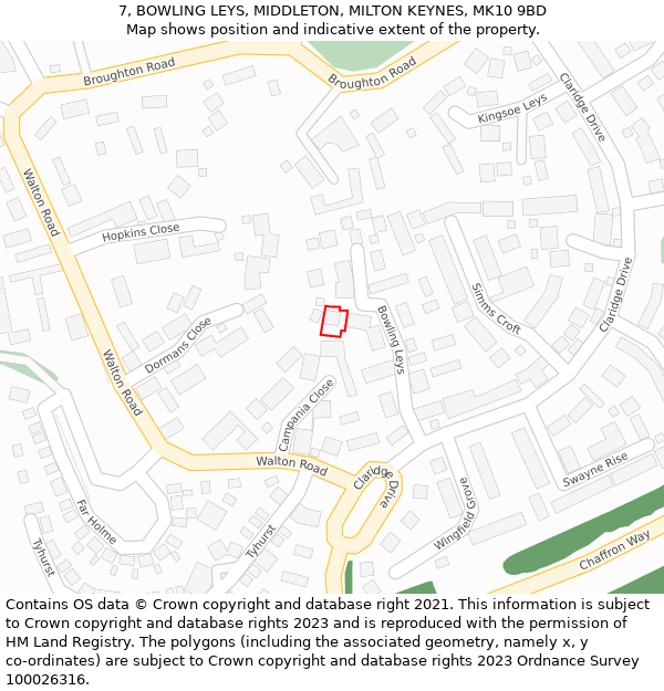 7, BOWLING LEYS, MIDDLETON, MILTON KEYNES, MK10 9BD: Location map and indicative extent of plot