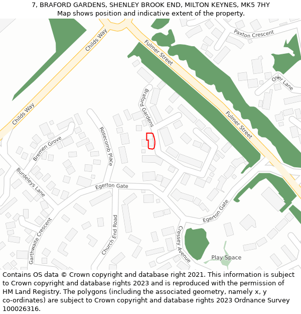 7, BRAFORD GARDENS, SHENLEY BROOK END, MILTON KEYNES, MK5 7HY: Location map and indicative extent of plot