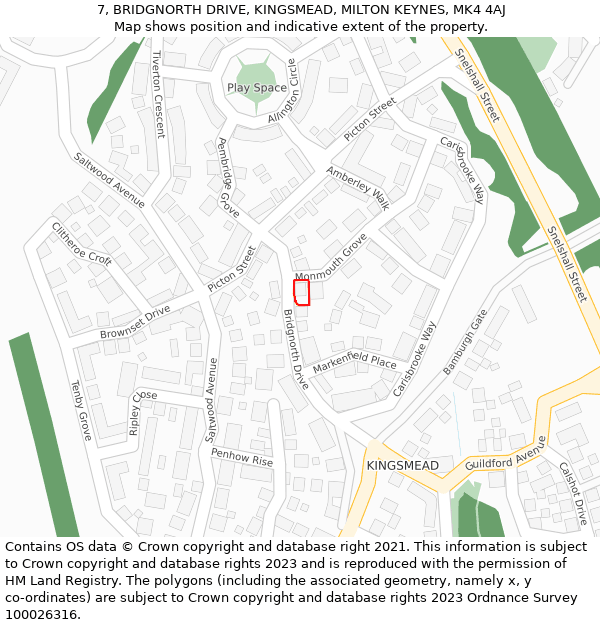 7, BRIDGNORTH DRIVE, KINGSMEAD, MILTON KEYNES, MK4 4AJ: Location map and indicative extent of plot