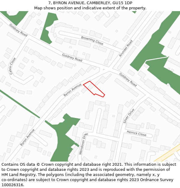 7, BYRON AVENUE, CAMBERLEY, GU15 1DP: Location map and indicative extent of plot