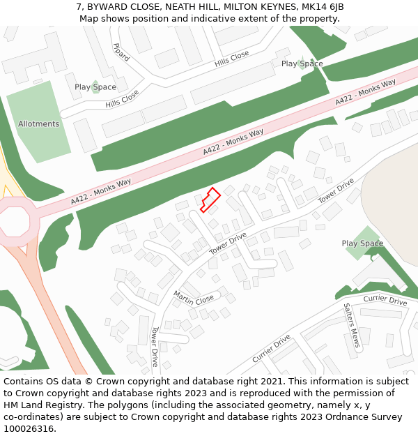 7, BYWARD CLOSE, NEATH HILL, MILTON KEYNES, MK14 6JB: Location map and indicative extent of plot