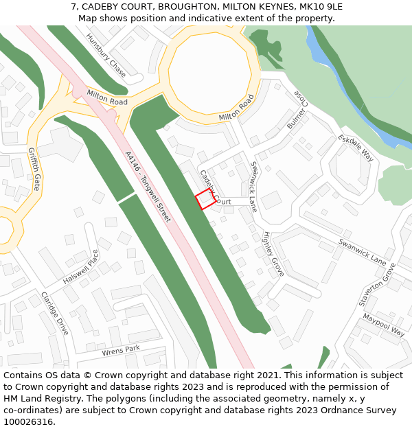 7, CADEBY COURT, BROUGHTON, MILTON KEYNES, MK10 9LE: Location map and indicative extent of plot