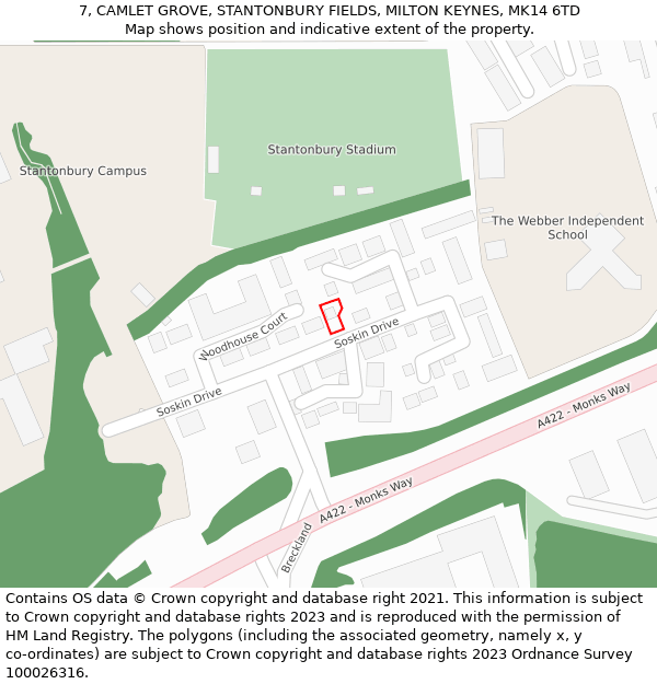 7, CAMLET GROVE, STANTONBURY FIELDS, MILTON KEYNES, MK14 6TD: Location map and indicative extent of plot