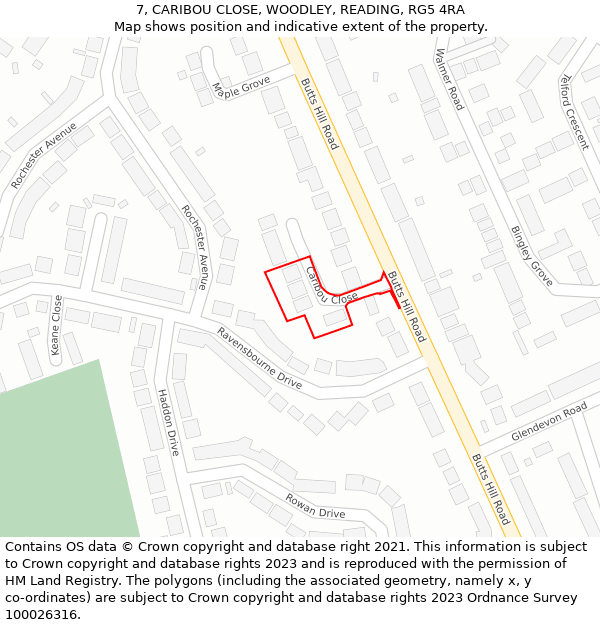 7, CARIBOU CLOSE, WOODLEY, READING, RG5 4RA: Location map and indicative extent of plot