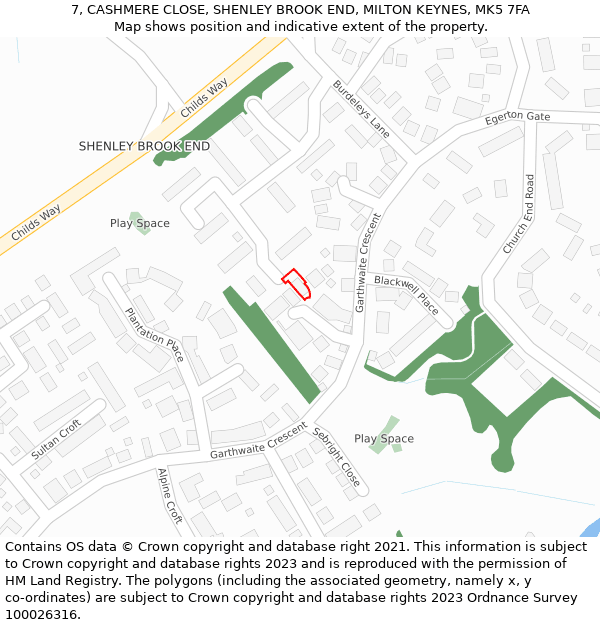 7, CASHMERE CLOSE, SHENLEY BROOK END, MILTON KEYNES, MK5 7FA: Location map and indicative extent of plot