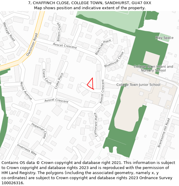 7, CHAFFINCH CLOSE, COLLEGE TOWN, SANDHURST, GU47 0XX: Location map and indicative extent of plot